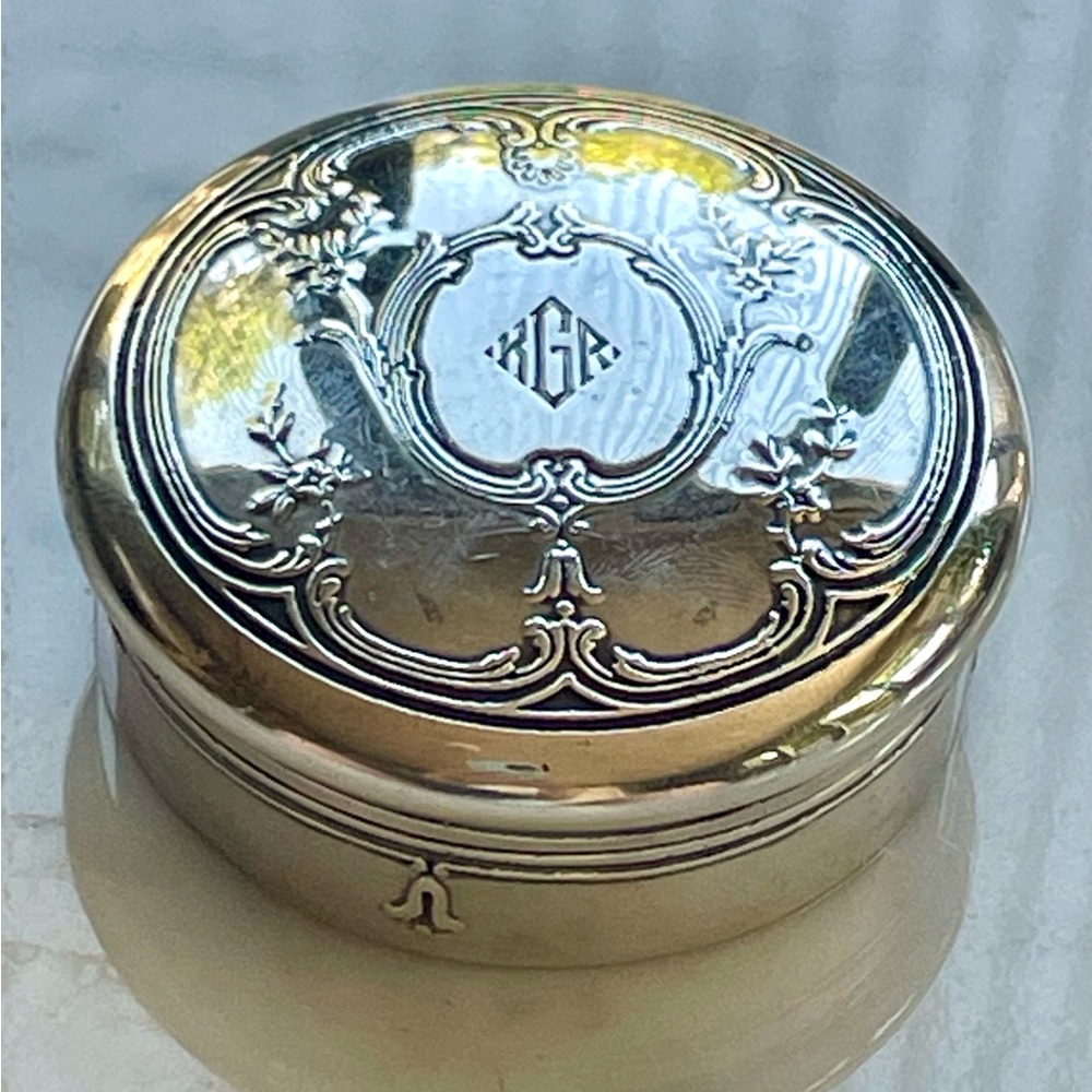 Tiffany & Co. Edwardian Sterling Silver engraved powder box, monogrammed, 2.1”